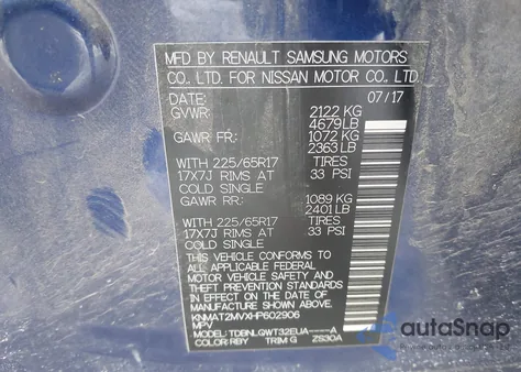 2017 Nissan Rogue Sv z USA, uszkodzony, nr VIN KNMAT2MVXHP602906